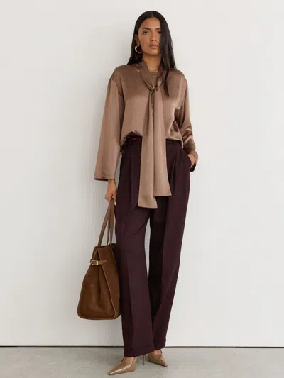 Reiss Taupe Brown Silk Tie-neck Long-sleeve Blouse