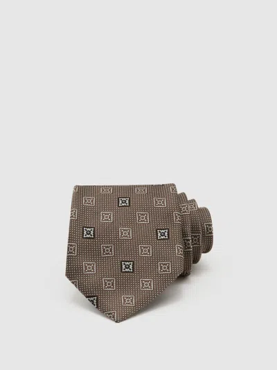 Reiss Taupe Brown Silk-blend Square Floral Medallion Tie