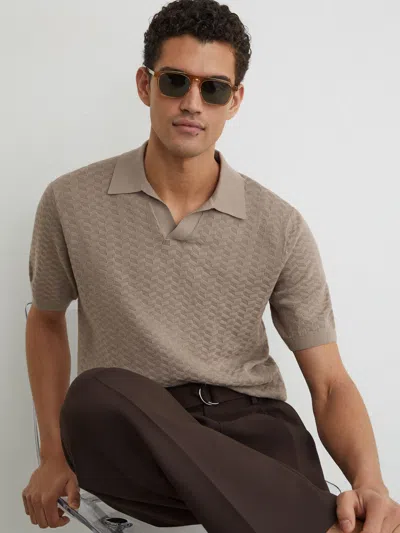 Reiss Taupe Brown Sol Textured-knit Open-collar Polo Shirt In Gray