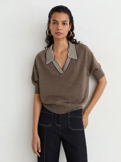 Reiss Taupe Brown Wool Open-collar Short-sleeve Polo Shirt