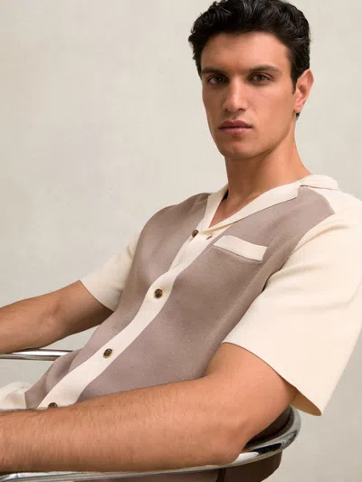 Reiss Taupe Brown/light Stone Colour-block Cuban-collar Knit Shirt In Neutral