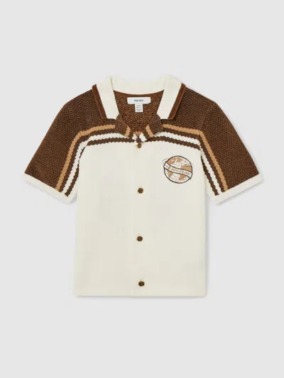 Reiss Taupe Brown/white 13-14 Yrs Chenille Airlines Embroidery Shirt In Multi