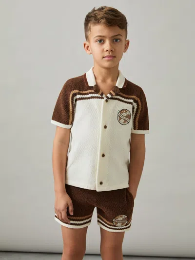 Reiss Taupe Brown/white Mitchell 9-13 Yrs Chenille Airlines Embroidery Shirt In Multi
