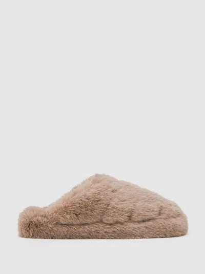 Reiss Taupe Faux Fur Slippers In Brown