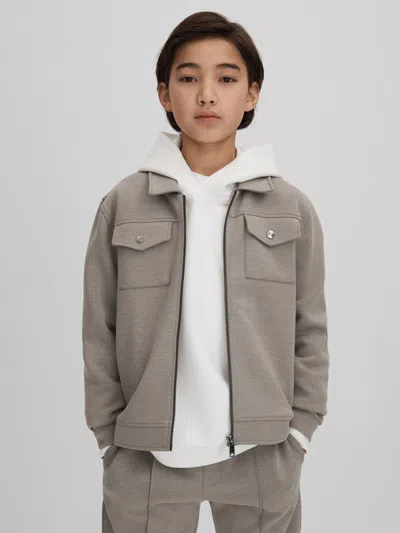 Reiss Kids' Taupe Interlock Jersey Zip-through Jacket In Gray