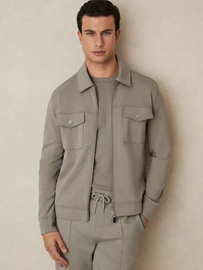 Reiss Taupe Interlock Jersey Zip-through Overshirt In Brown