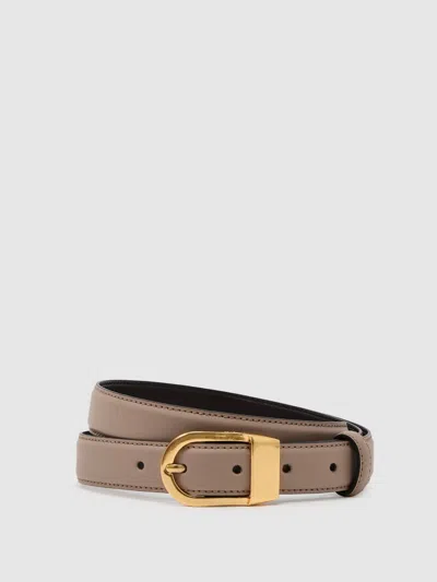 Reiss Taupe Leather Curved-buckle Belt In Brown
