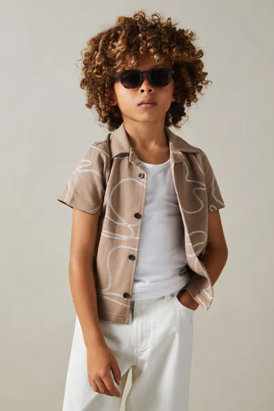Reiss Taupe Cotton Jersey Embroidered Shirt