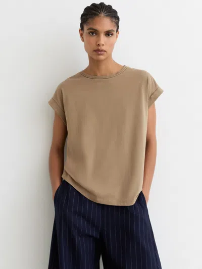 Reiss Womens Taupe Neutral Tommie Crew-neck Relaxed-fit Brushed-cotton T-shirt In Brown