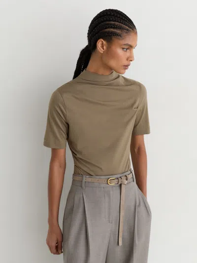 Reiss Taupe Neutral Cotton-blend High-neck Draped Top