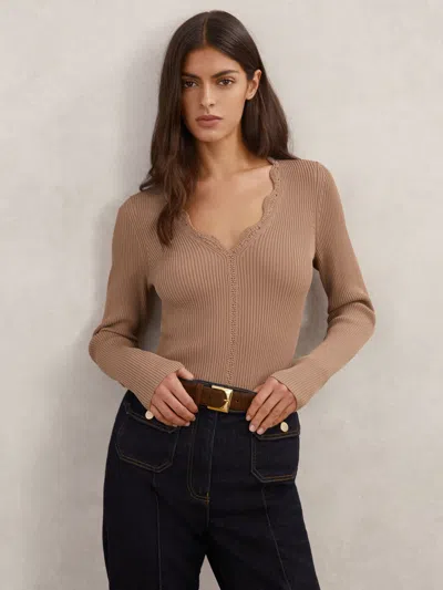 Reiss Taupe Neutral Crochet-trim Rib-knit Top In Brown