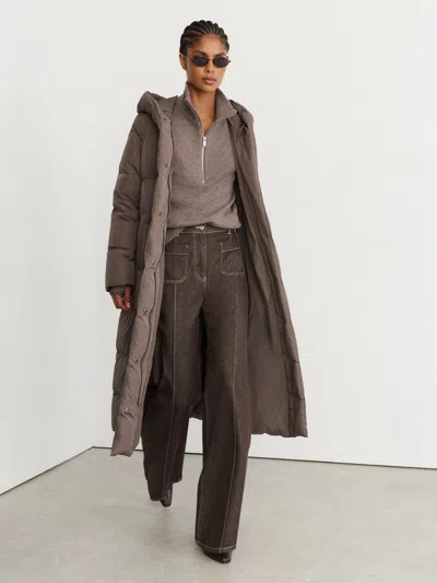 Reiss Taupe Neutral Larissa Petite Belted Longline Hooded Puffer Coat In Brown