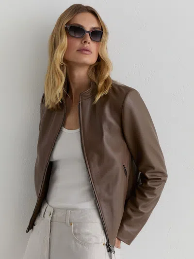 Reiss Taupe Neutral Leather Collarless Biker Jacket In Brown