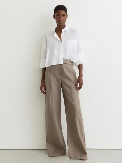 Reiss Taupe Neutral Linen Wave-trim Wide-leg Trousers