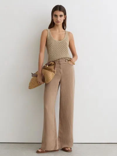 Reiss Taupe Neutral Lyocell-linen Wide-leg Trousers In Brown