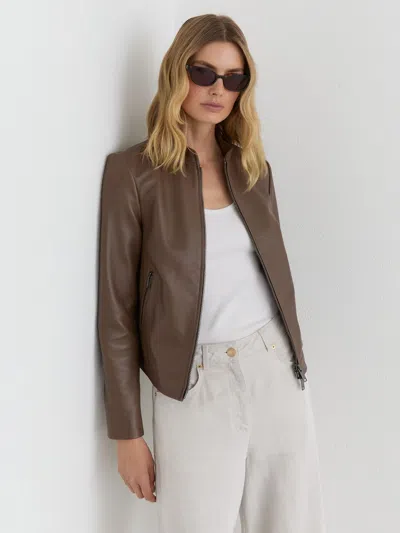Reiss Taupe Neutral Petite Leather Collarless Biker Jacket In Brown