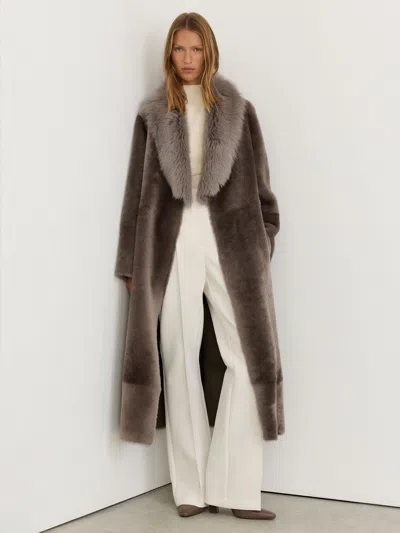 Reiss Taupe Neutral Toscana-collar Shearling Long Coat In Burgundy