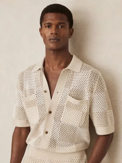 Reiss Taupe/off White Alfred Cotton Chequerboard Crochet Shirt In Multi
