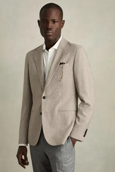Reiss Taupe/off White Single-breasted Blazer With Wool In Puppytooth Check