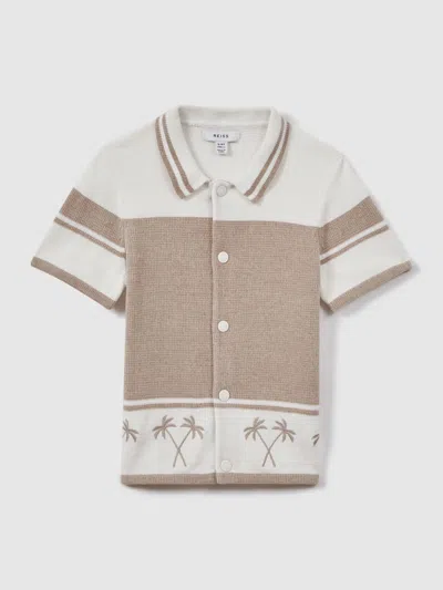 Reiss Taupe/optic White Bowler 13-14 Yrs Velour Embroidered Striped Shirt