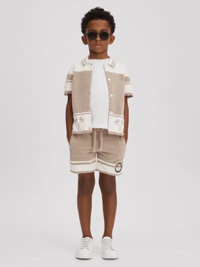 Reiss Taupe/optic White Catch Senior Velour Drawstring Shorts In Neutral
