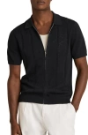 Reiss Tay Pointelle Knit Short Sleeve Zip-up Shirt In Black