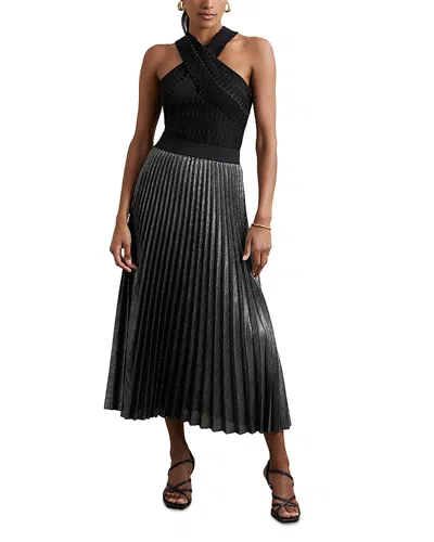 Reiss Taylor Metallic Pleated Midi Skirt In Black