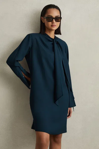 Reiss Teal Tie Neck Belted Mini Dress