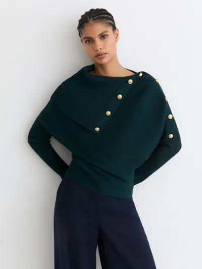 Reiss Teal Blue Rib-knit Button Shawl Jumper