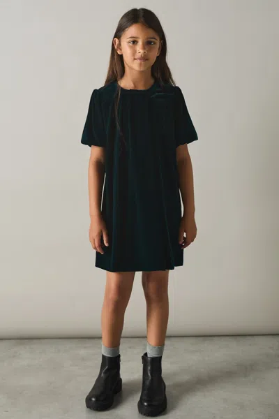 Reiss Teal Cece 4-9 Yrs Gathered-velvet Shift Dress