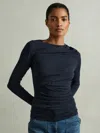 Reiss Teal Draped Front Ruched Top In Blue