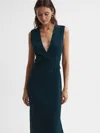 Reiss Teal Jayla Fitted Wrap Design Midi Dress In Blue