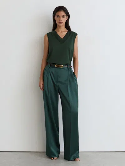 Reiss Teal Green Cotton-modal Silk-trim Sleeveless Top