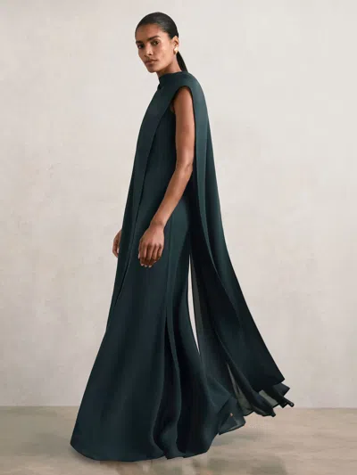 Reiss Teal Green Crepe Cape Maxi Dress