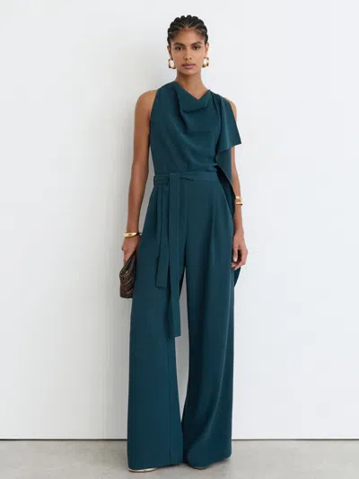 Reiss Teal Green Kelly Draped-detail Belted Wide-leg Jumpsuit In Blue