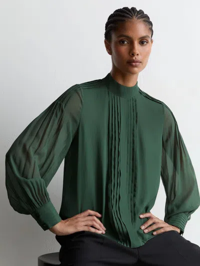 Reiss Teal Green Ottilie Pintuck-detail Tie-back Blouse
