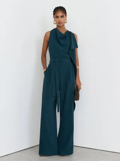 Reiss Teal Green Petite Draped-detail Belted Wide-leg Jumpsuit