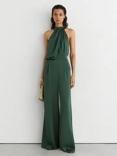 Reiss Teal Green Petite Satin Draped Wide-leg Jumpsuit