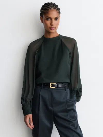 Reiss Teal Green Satin Sheer Balloon-sleeve Blouse