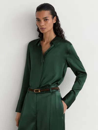 Reiss Teal Green Silk-satin Concealed-placket Shirt