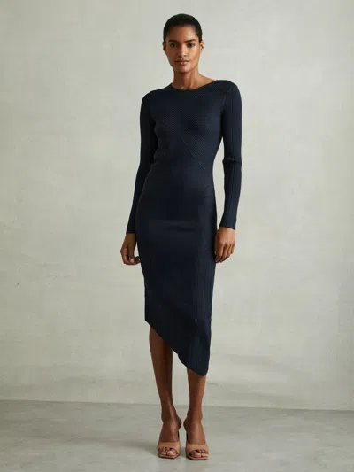 Reiss Teal Knitted Colourblock Asymmetric Midi Dress In Blue