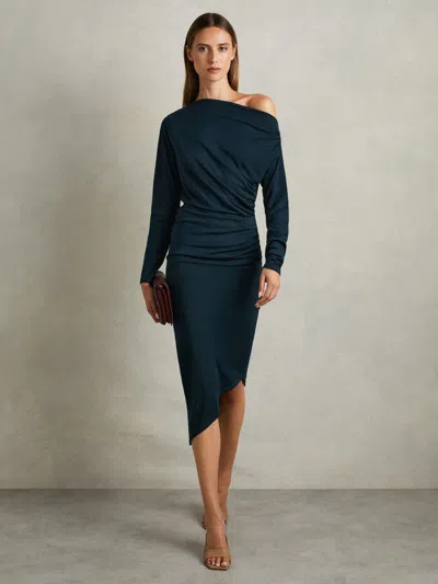Reiss Teal Off-the-shoulder Ruched-jersey Midi Dress