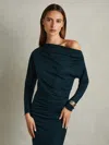 Reiss Teal Petite Off-the-shoulder Ruched Jersey Midi Dress