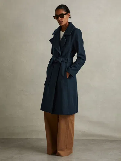 Reiss Teal Petite Wool-blend Belted Double-breasted Coat With Cashmere