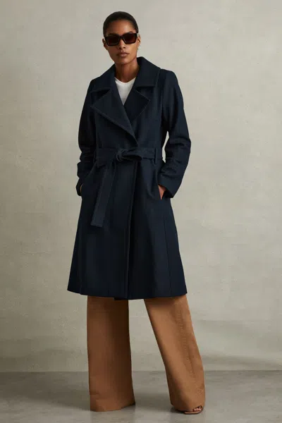 Reiss Teal Belted Double-breasted Melton Coat