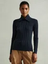 Reiss Teal Ribbed Collared Top In Blue