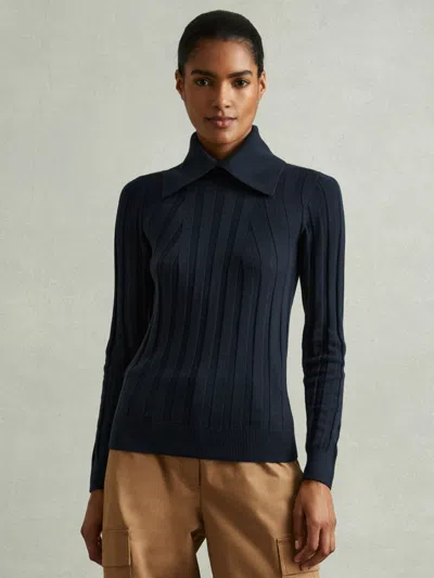 Reiss Teal Ribbed Collared Top In Blue
