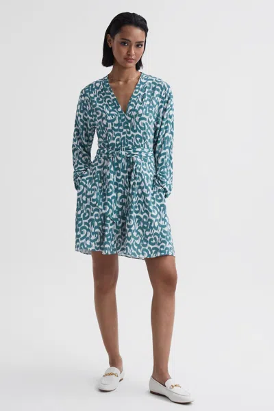 Reiss Teal/white Belted V-neck Long Sleeve Dress
