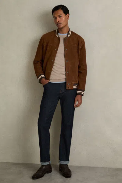 Reiss Terracotta Suede Stripe-trim Bomber Jacket