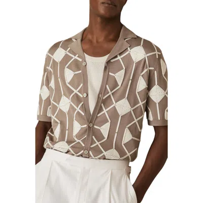Reiss Men's Terrazzo Geometric Embroidery Knit Camp Shirt In Brown